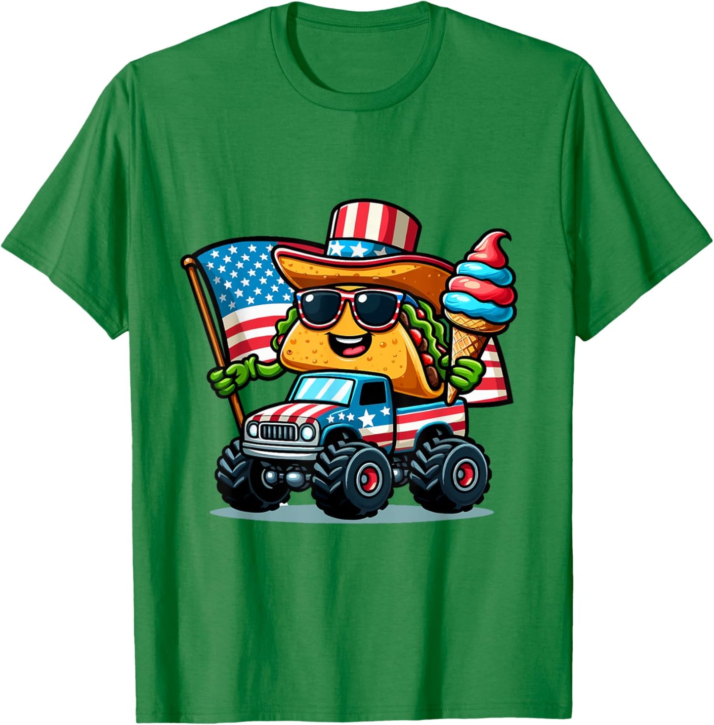 Funny Taco Riding Monster Truck holding ice cream 4 of July T-Shirt - T-Shirt | Irish Green