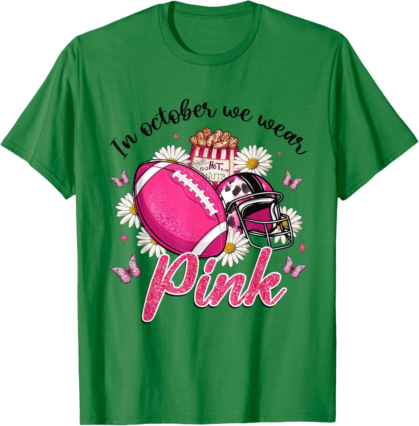 In October We Wear Pink Football Butterfly Breast Cancer T-Shirt - T-Shirt | Irish Green