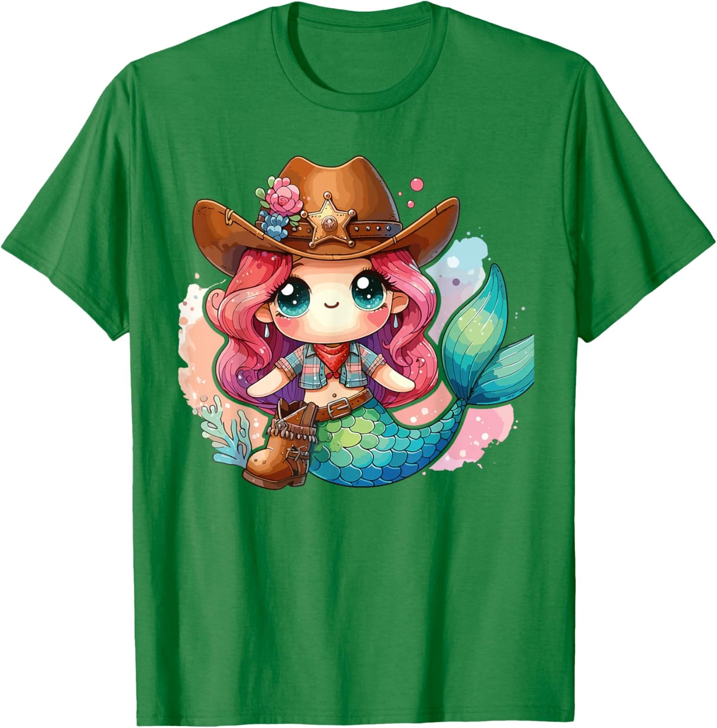 Western Rodeo Cowboy Hat Mermaid Texas Animals T-Shirt - T-Shirt | Irish Green