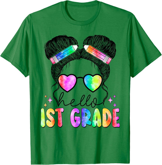 Messy Hair Bun Girl Back To School First Day Hello 1st Grade T-Shirt - T-Shirt | Irish Green