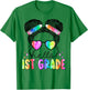 Messy Hair Bun Girl Back To School First Day Hello 1st Grade T-Shirt - T-Shirt | Irish Green