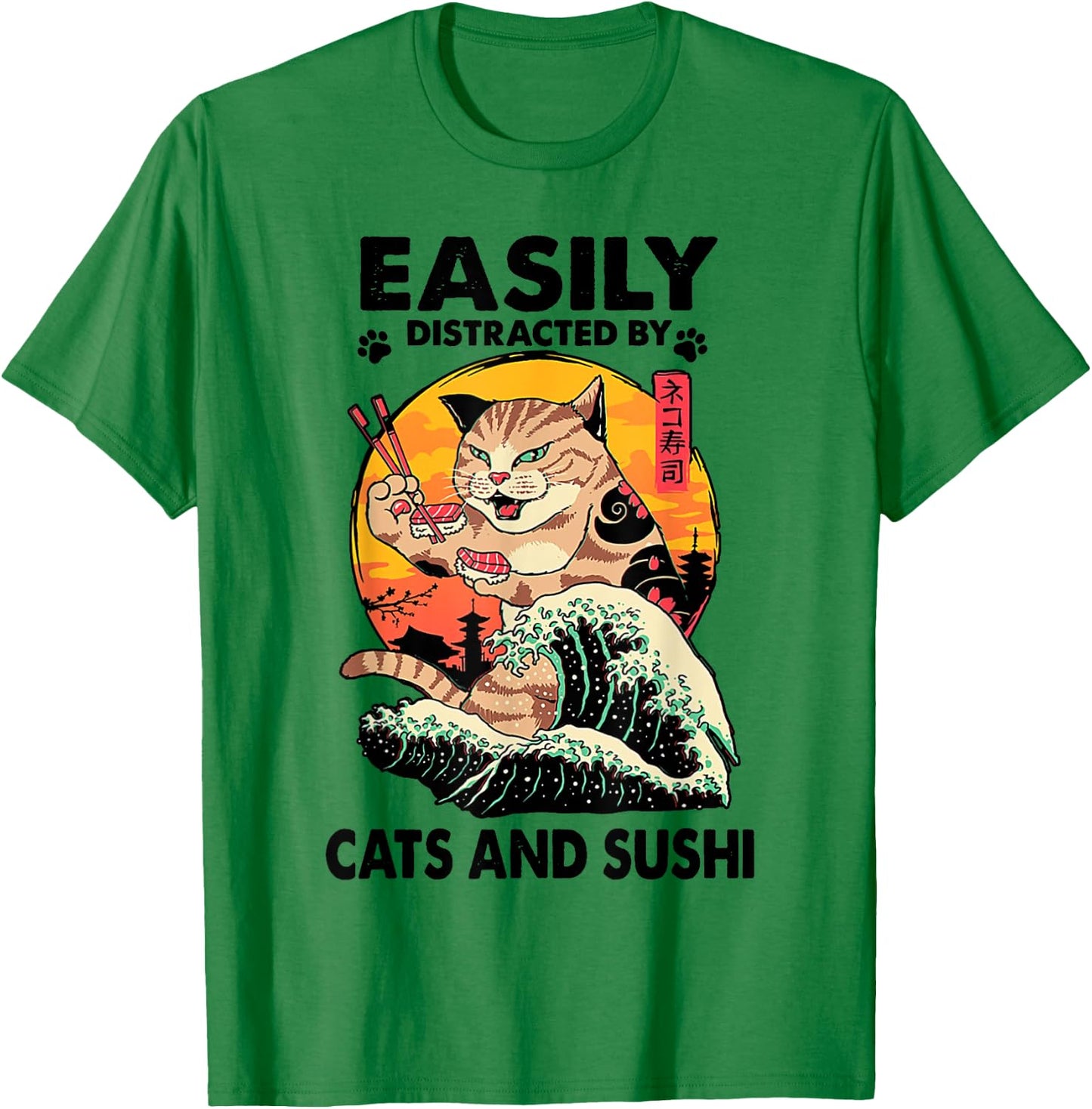 Easily Distracted By Cats And Sushi T-Shirt - T-Shirt | Irish Green