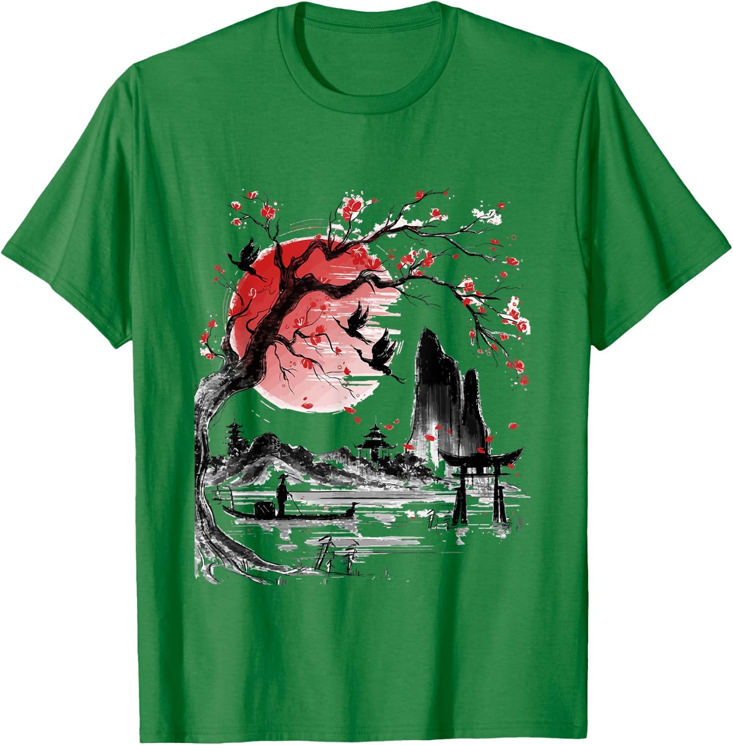 Japanese Tree Red Moon With Birds Flying in background T-Shirt - T-Shirt | Irish Green