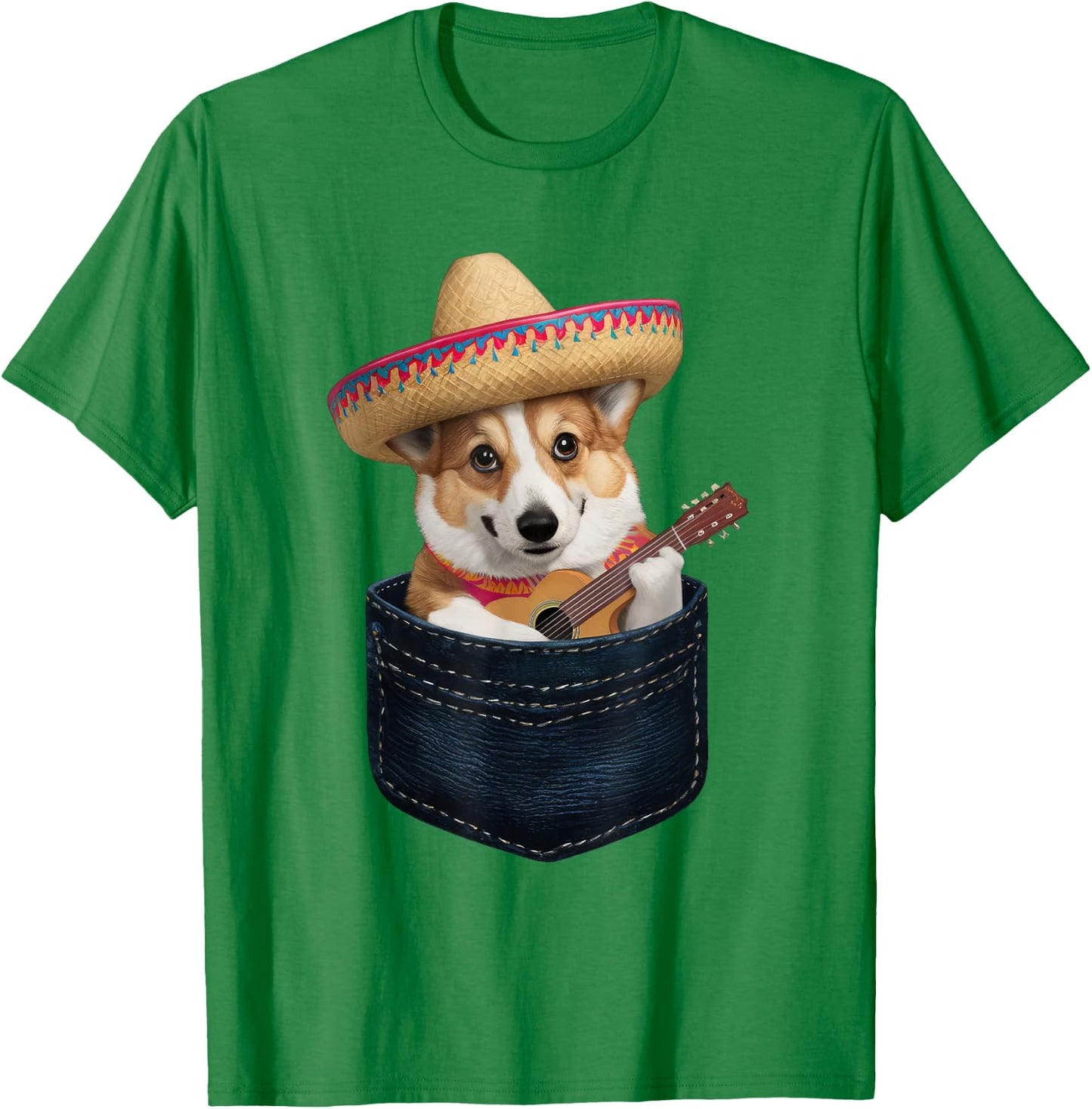 Sombrero Welsh Corgi Dog Playing Guitar Cinco de Mayo Men Women Kids T-Shirt - T-Shirt | Irish Green