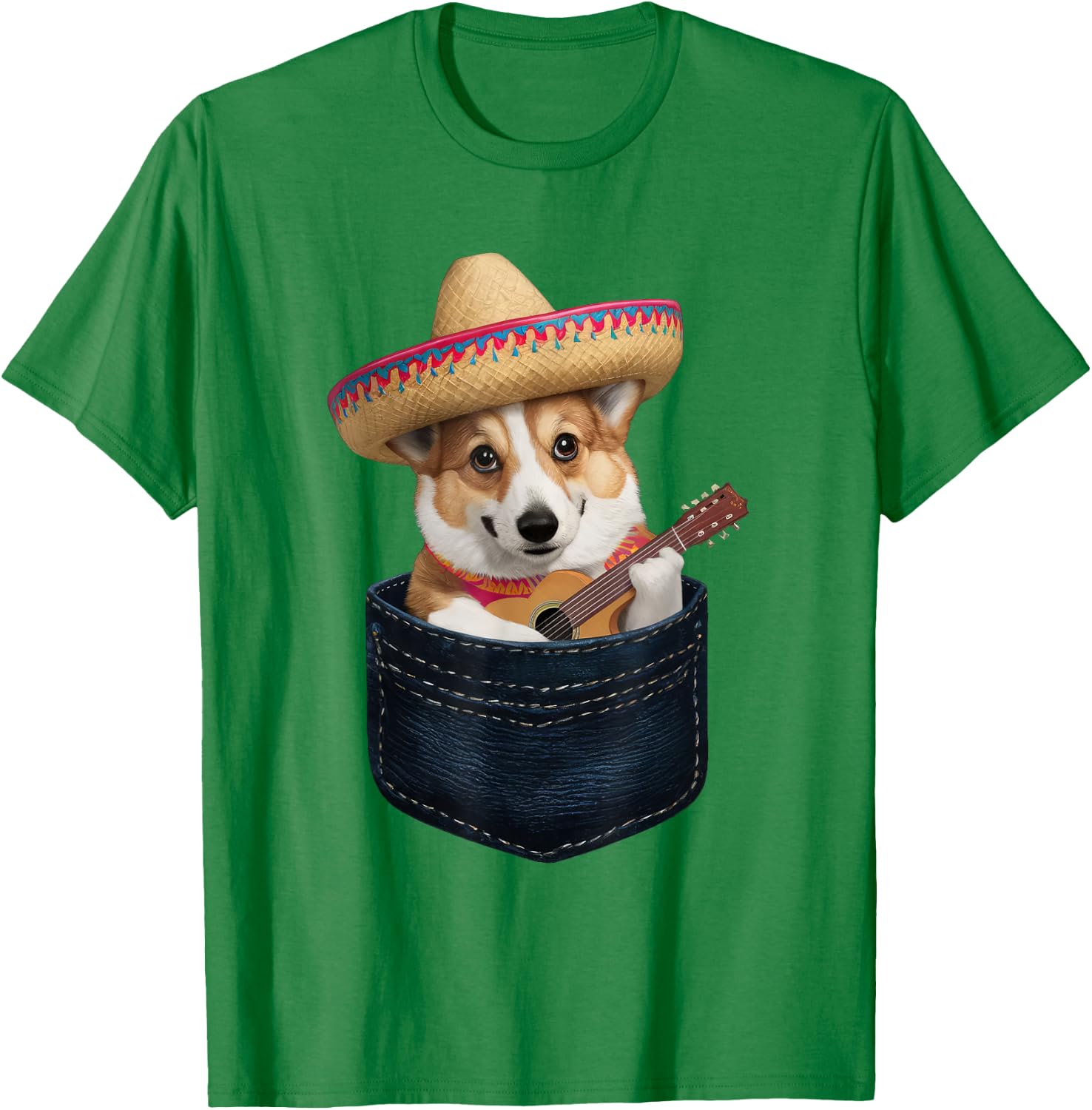 Sombrero Welsh Corgi Dog Playing Guitar Cinco de Mayo Men Women Kids T-Shirt - T-Shirt | Irish Green