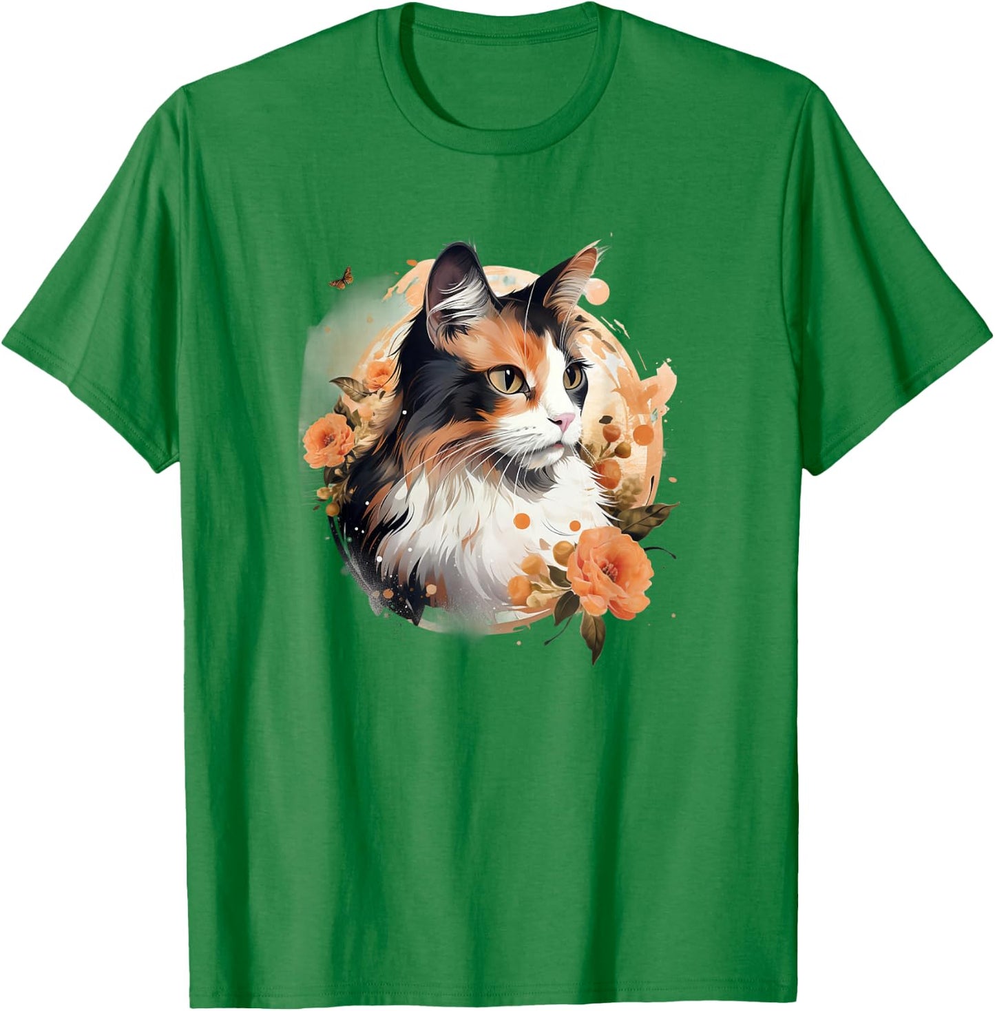 Girls Kids Floral Beautiful Flowers Calico Cat Lover T-Shirt - T-Shirt | Irish Green