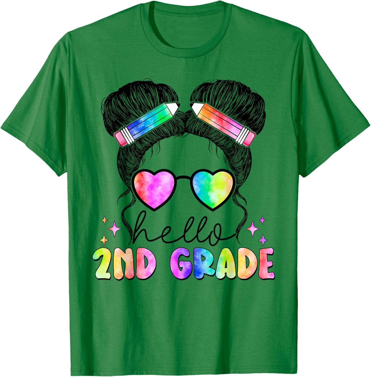 Messy Hair Bun Girl Back To School First Day Hello 2nd Grade T-Shirt - T-Shirt | Irish Green