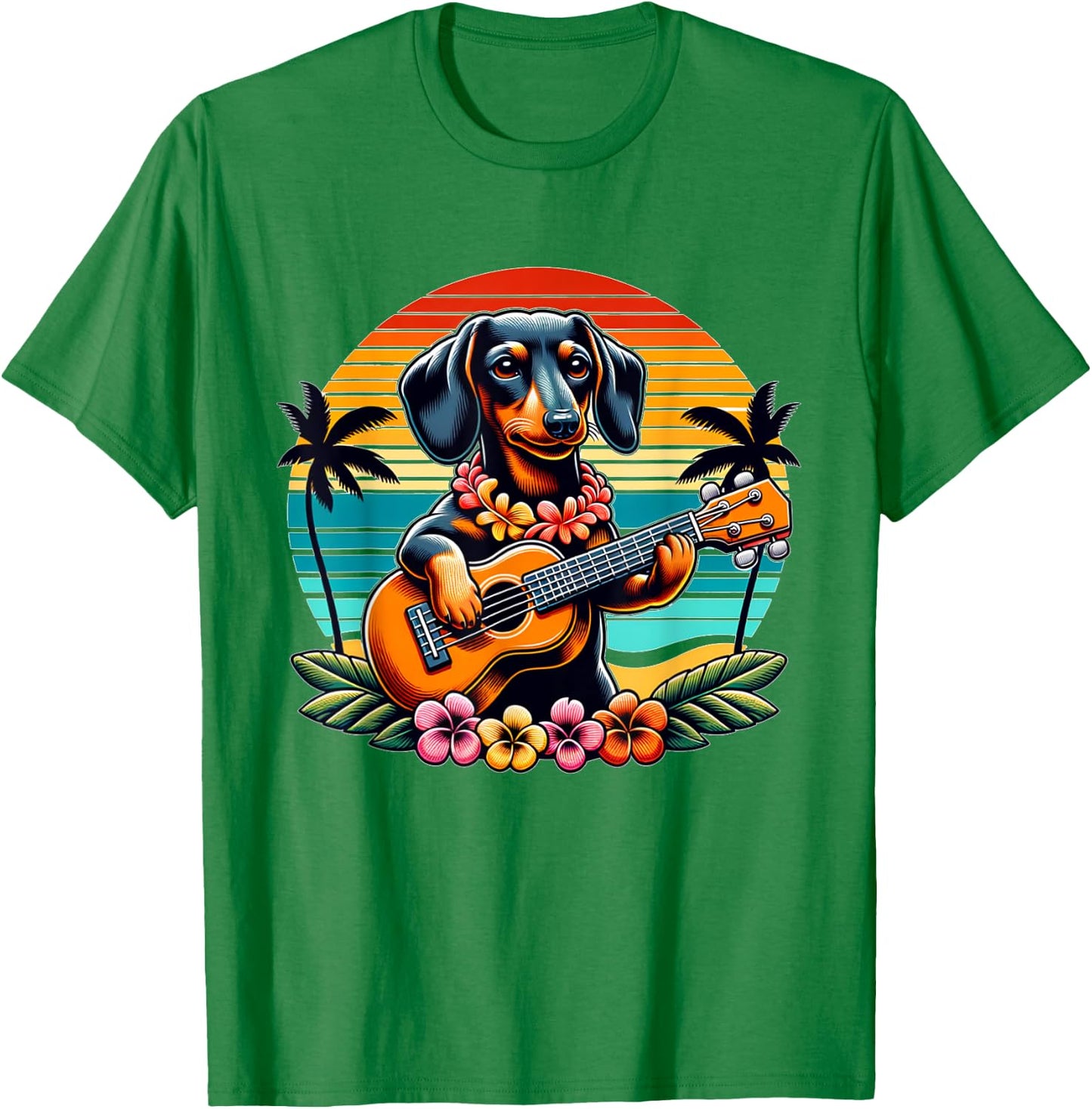 Cute dachshund Dog Playing Guitar Hawaiian Summer Wiener T-Shirt - T-Shirt | Irish Green