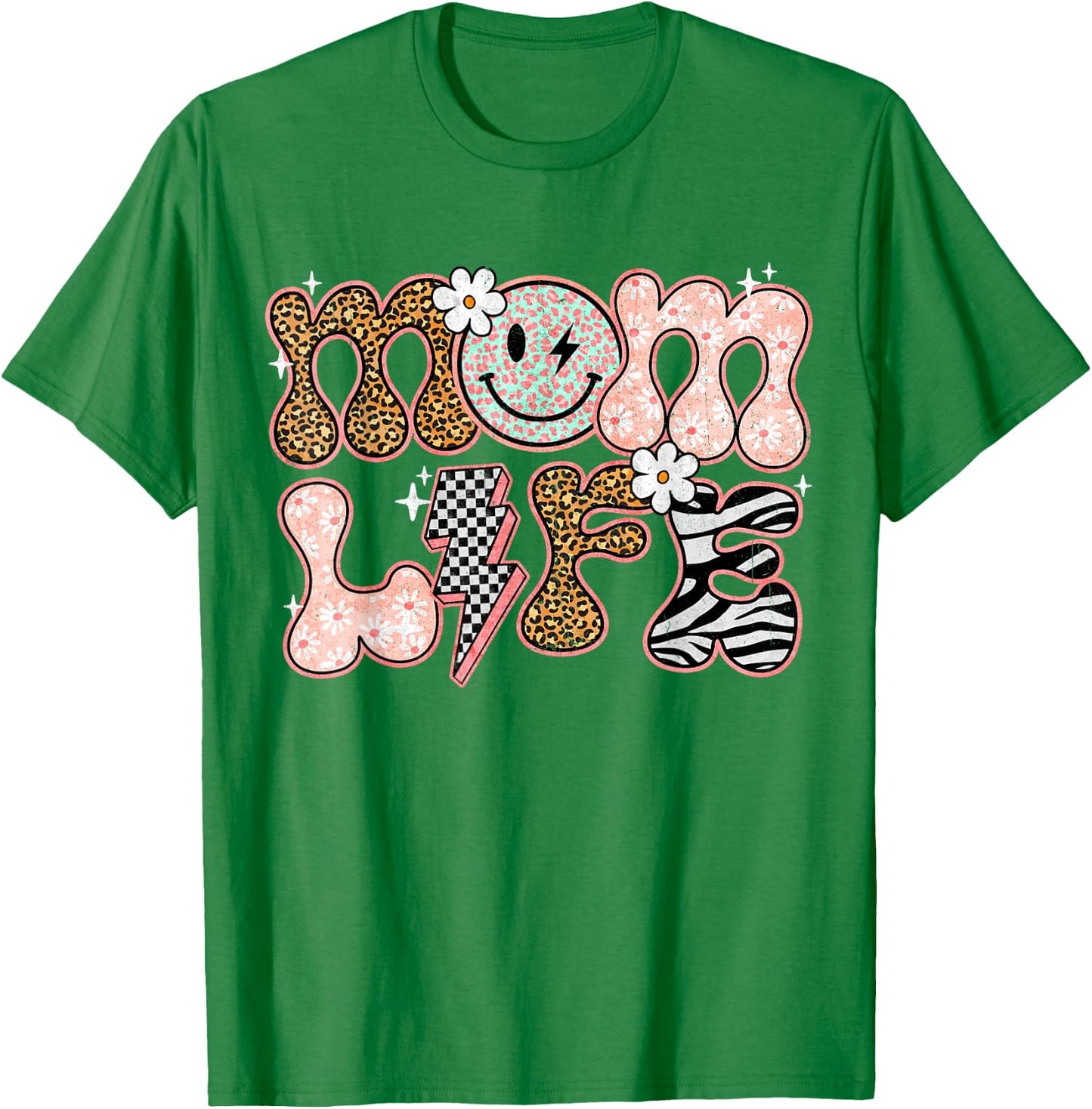 Mom Life Floral Groovy Smile Leopard Retro Mum Mum Mother T-Shirt - T-Shirt | Irish Green