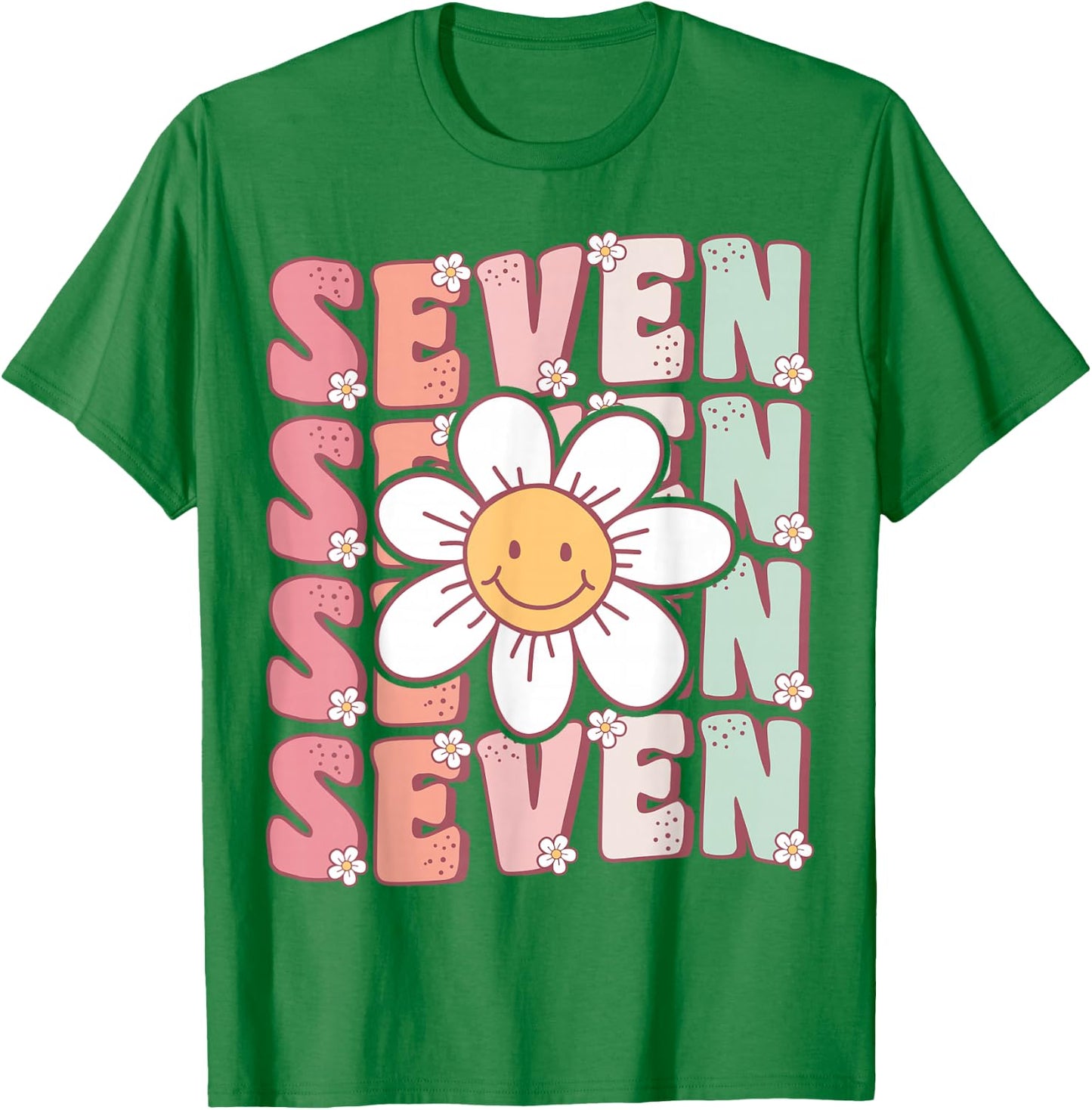 Cute Groovy 7th Birthday Party Daisy Flower Seven Year Old T-Shirt - T-Shirt | Irish Green