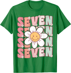 Cute Groovy 7th Birthday Party Daisy Flower Seven Year Old T-Shirt - T-Shirt | Irish Green
