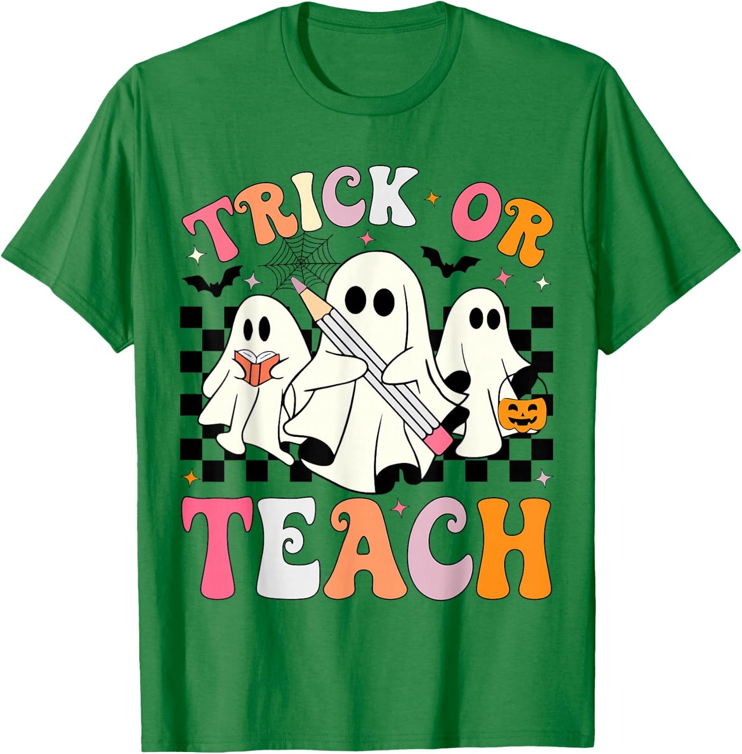 Trick or Teach Groovy Halloween Teacher Ghosts Retro Teacher T-Shirt - T-Shirt | Irish Green