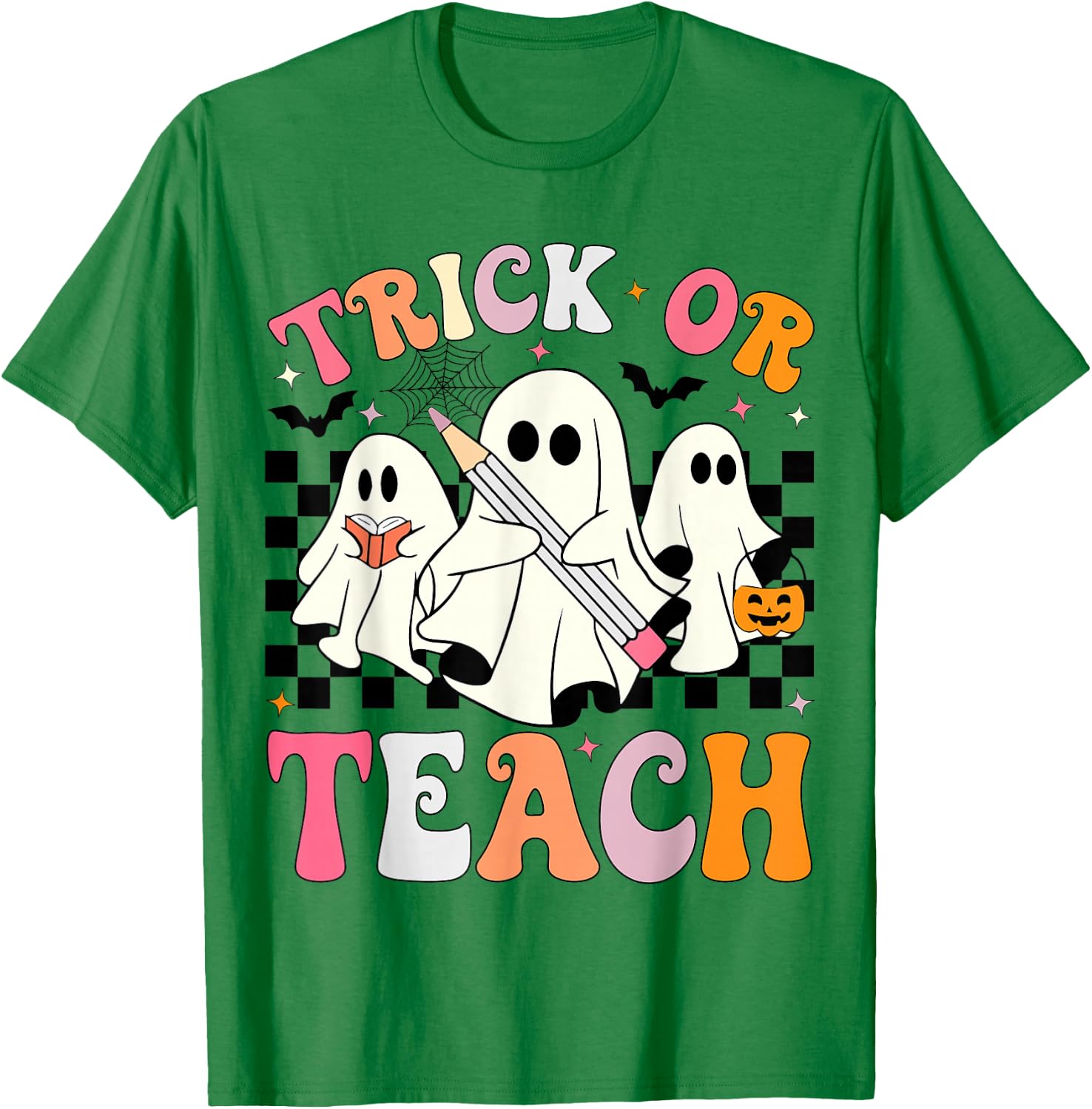 Trick or Teach Groovy Halloween Teacher Ghosts Retro Teacher T-Shirt - T-Shirt | Irish Green