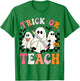 Trick or Teach Groovy Halloween Teacher Ghosts Retro Teacher T-Shirt - T-Shirt | Irish Green