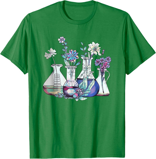 Floral Beakers Laboratory Chemistry Lab Scientist Lab Tech T-Shirt - T-Shirt | Irish Green