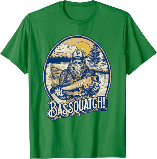 Giant Step Design Co. Bassquatch! Bass Fisherman Sasquatch Funny Bigfoot Fishing T-Shirt - T-Shirt | Irish Green