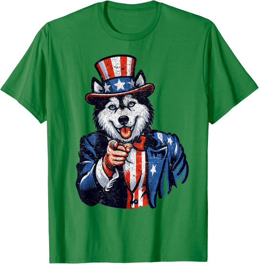 Siberian Husky Dog Uncle Sam Pointing Finger 4th Of July men T-Shirt - T-Shirt | Irish Green