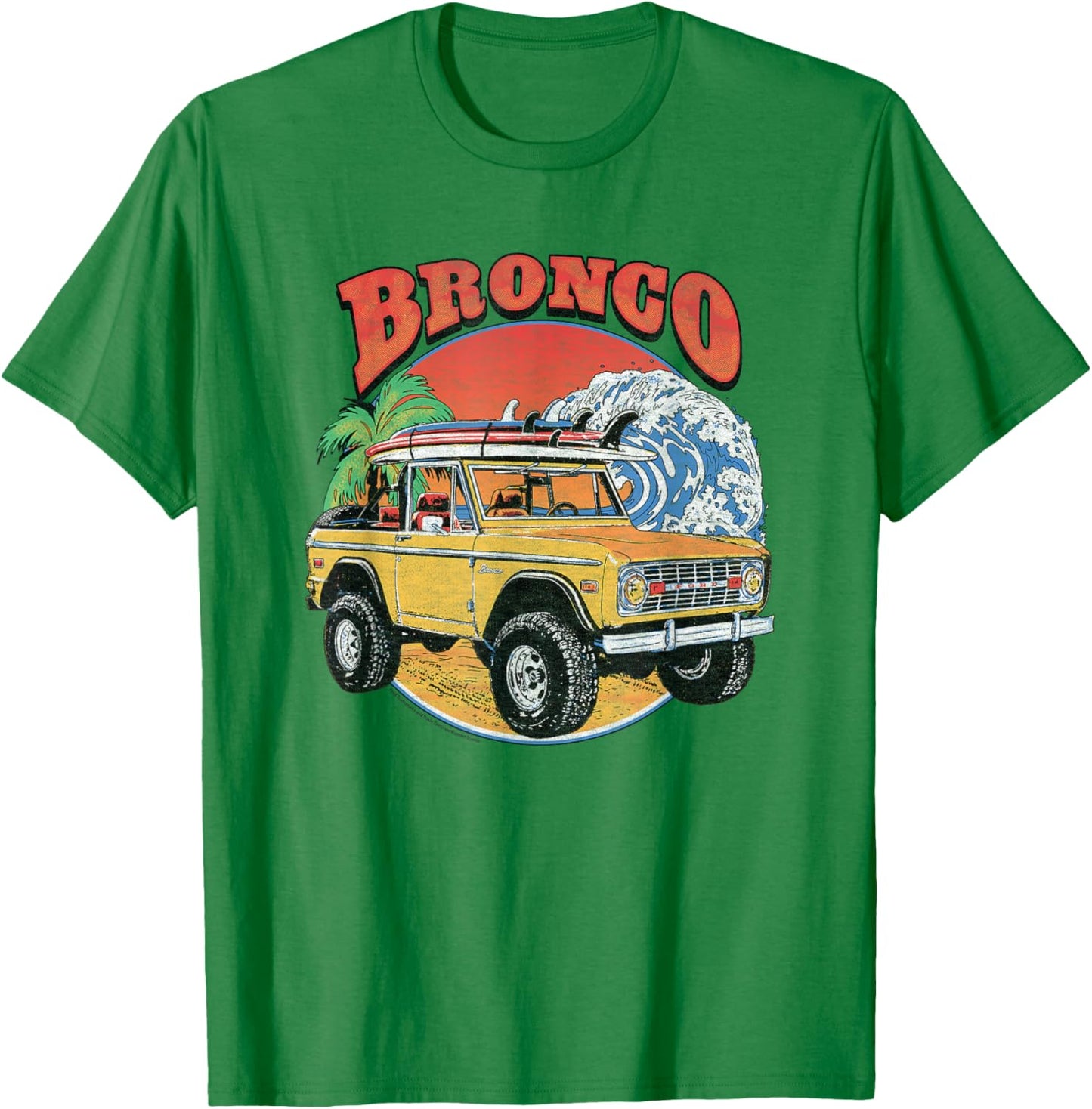 Ford - Yellow Bronco SUV Beach Surfboards And Ocean Wave T-Shirt - T-Shirt | Irish Green
