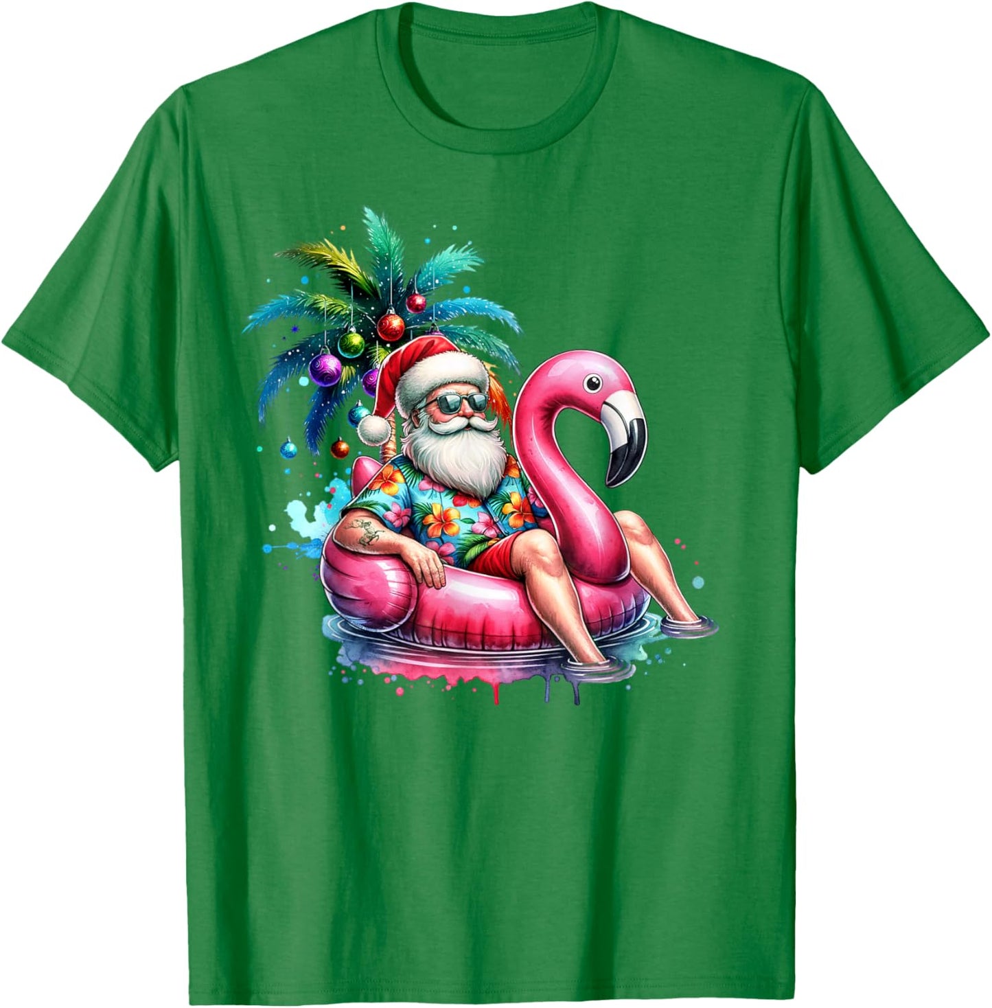 Hawaiian Shirt Santa Flamingo Palm Tree Christmas in July T-Shirt - T-Shirt | Irish Green