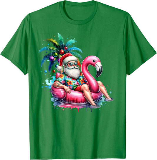 Hawaiian Shirt Santa Flamingo Palm Tree Christmas in July T-Shirt - T-Shirt | Irish Green