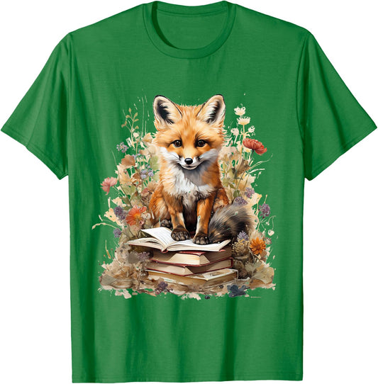 Cottagecore Aesthetic floral Fox with Book cute Goblincore T-Shirt - T-Shirt | Irish Green