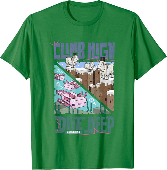 Minecraft Climb High Dive Deep Goats & Axolotls Panels T-Shirt - T-Shirt | Irish Green