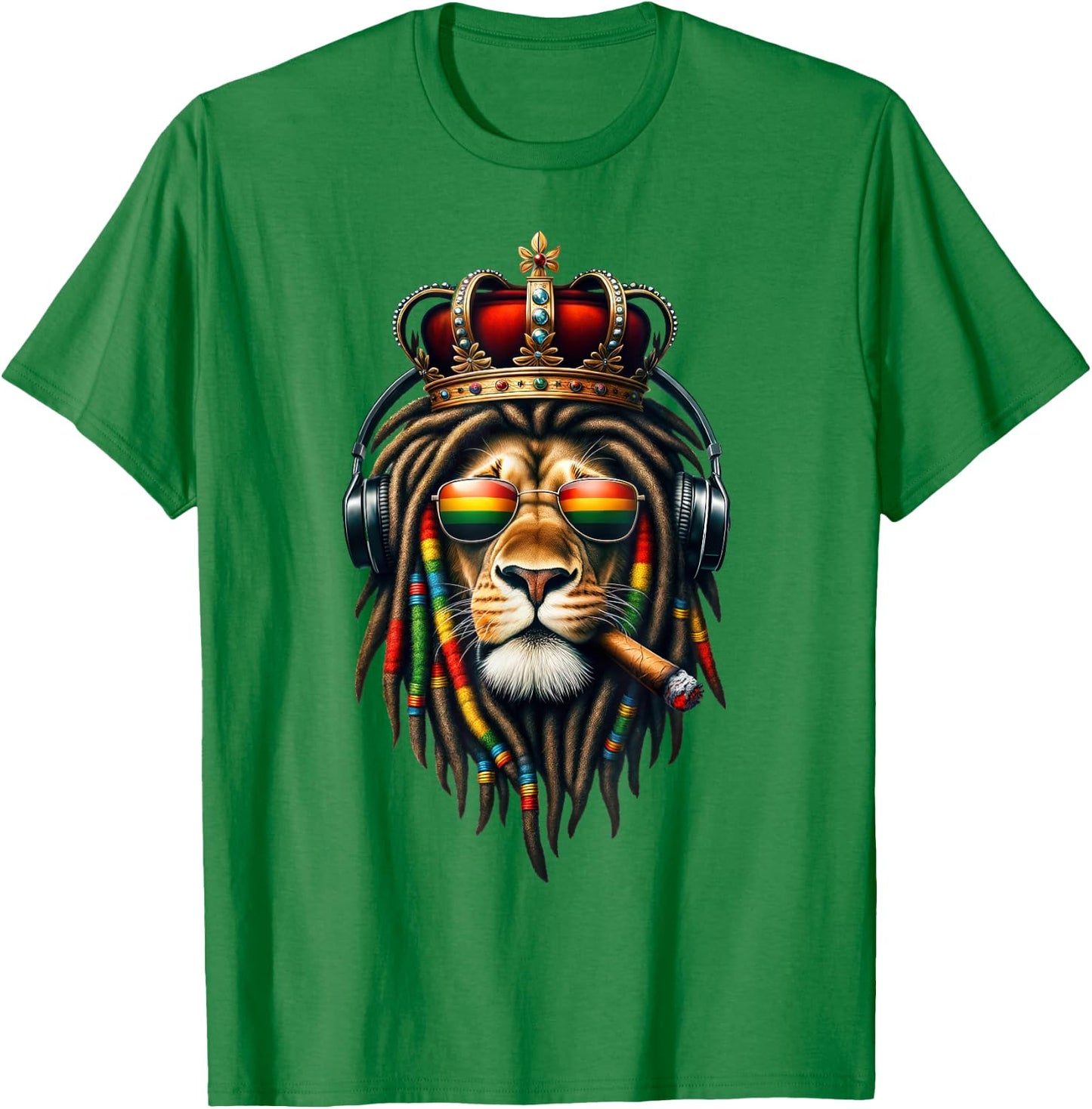 King Rasta Reggae Rastafarian Music Headphones Lion of Judah T-Shirt - T-Shirt | Irish Green