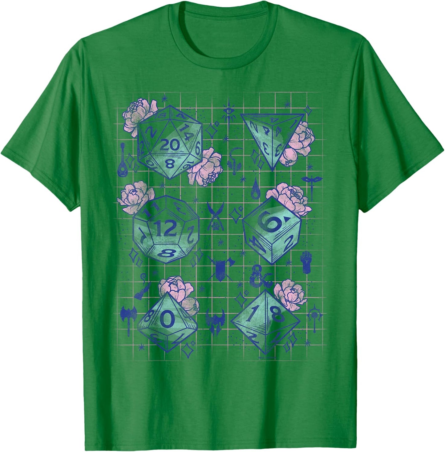 Dungeons & Dragons Floral Dice Grid T-Shirt - T-Shirt | Irish Green