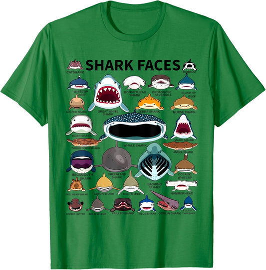Shark Faces - Type of Shark - Shark Faces of All Kinds T-Shirt - T-Shirt | Irish Green