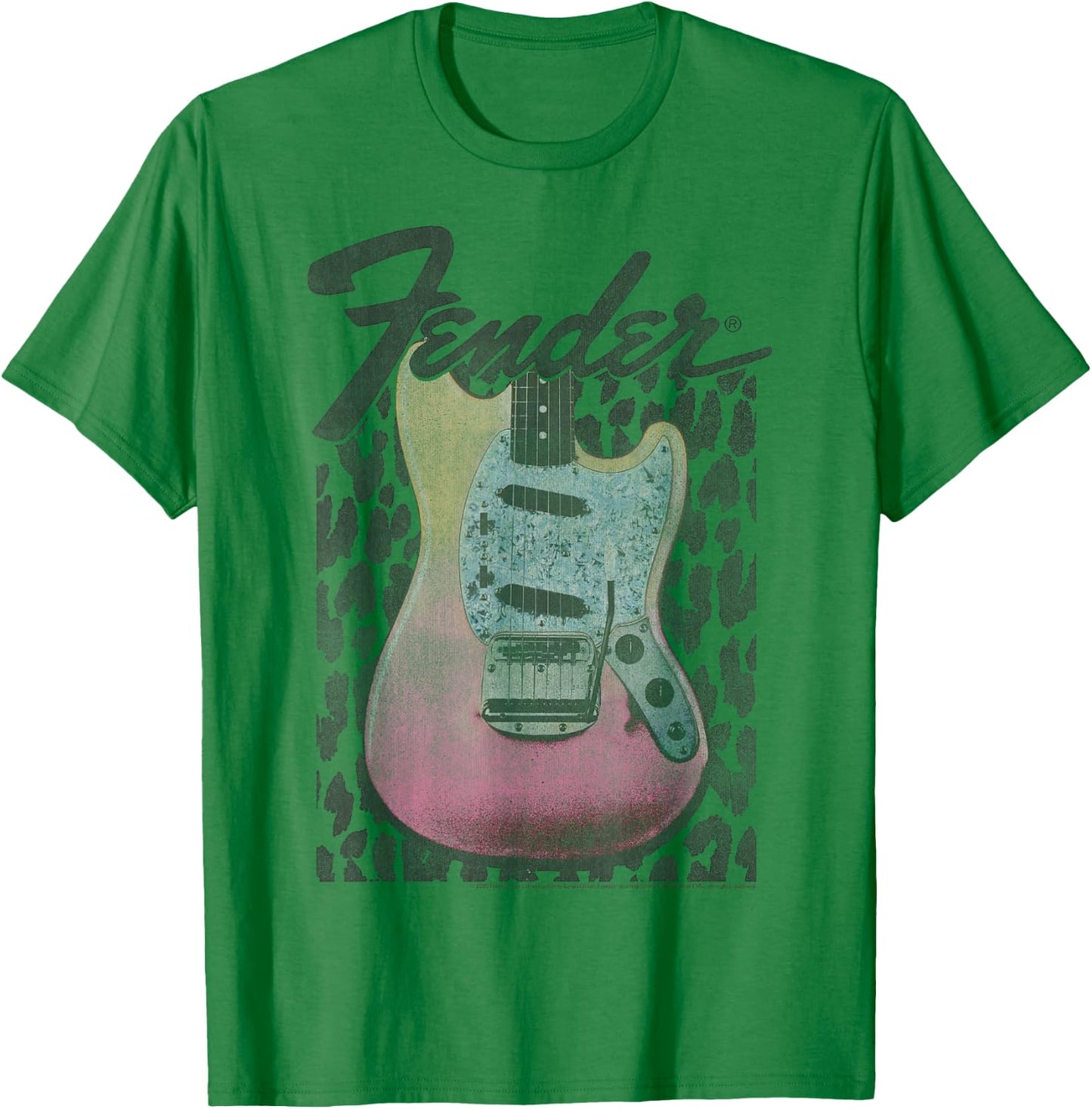 Fender Grunge Cheetah Print Electric Guitar Small T-Shirt - T-Shirt | Irish Green