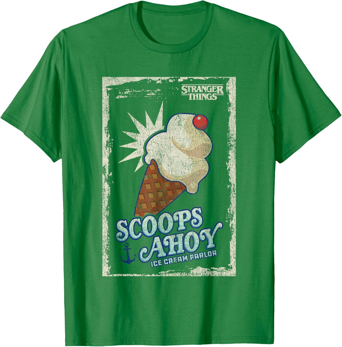 Stranger Things Scoops Ahoy Ice Cream Cone Vintage Poster T-Shirt - T-Shirt | Irish Green