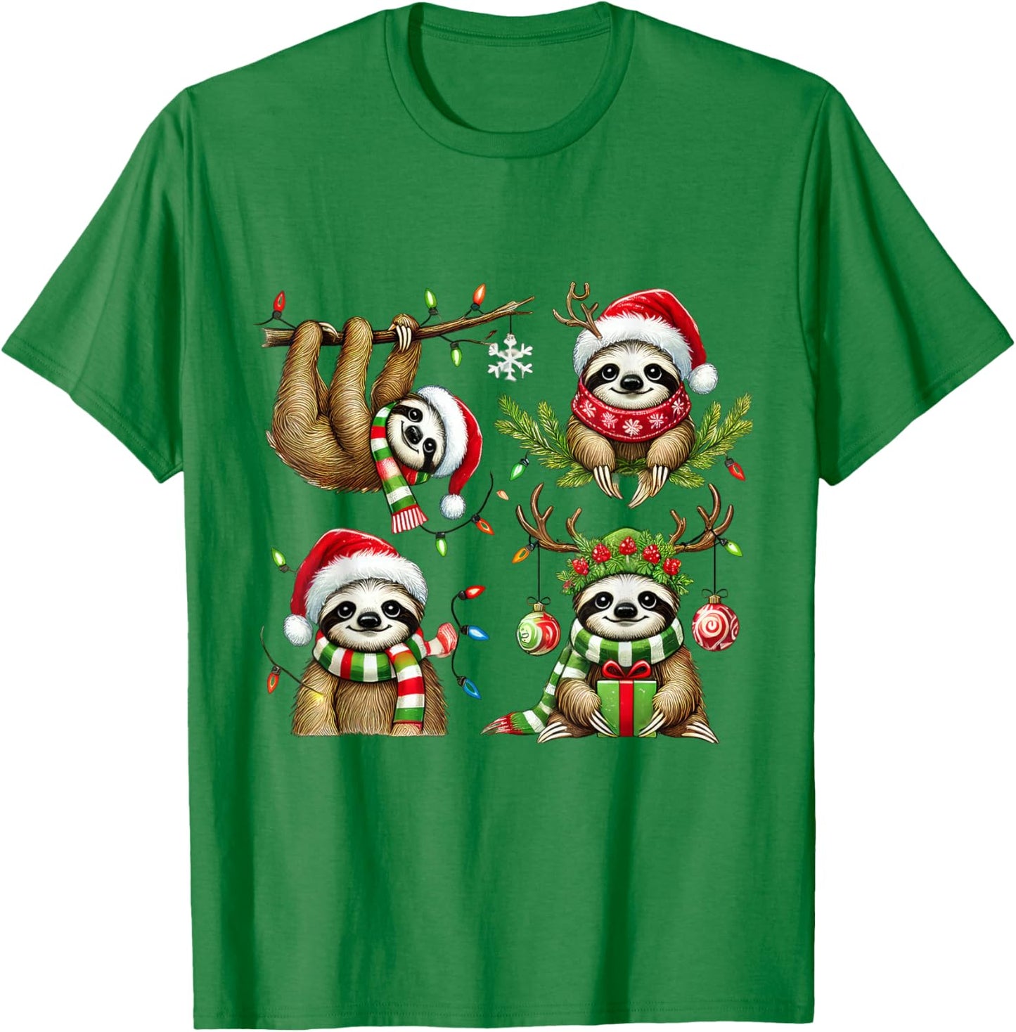 Santa Sloth Christmas Lights Funny Holiday Sloth Lover Gift T-Shirt - T-Shirt | Irish Green