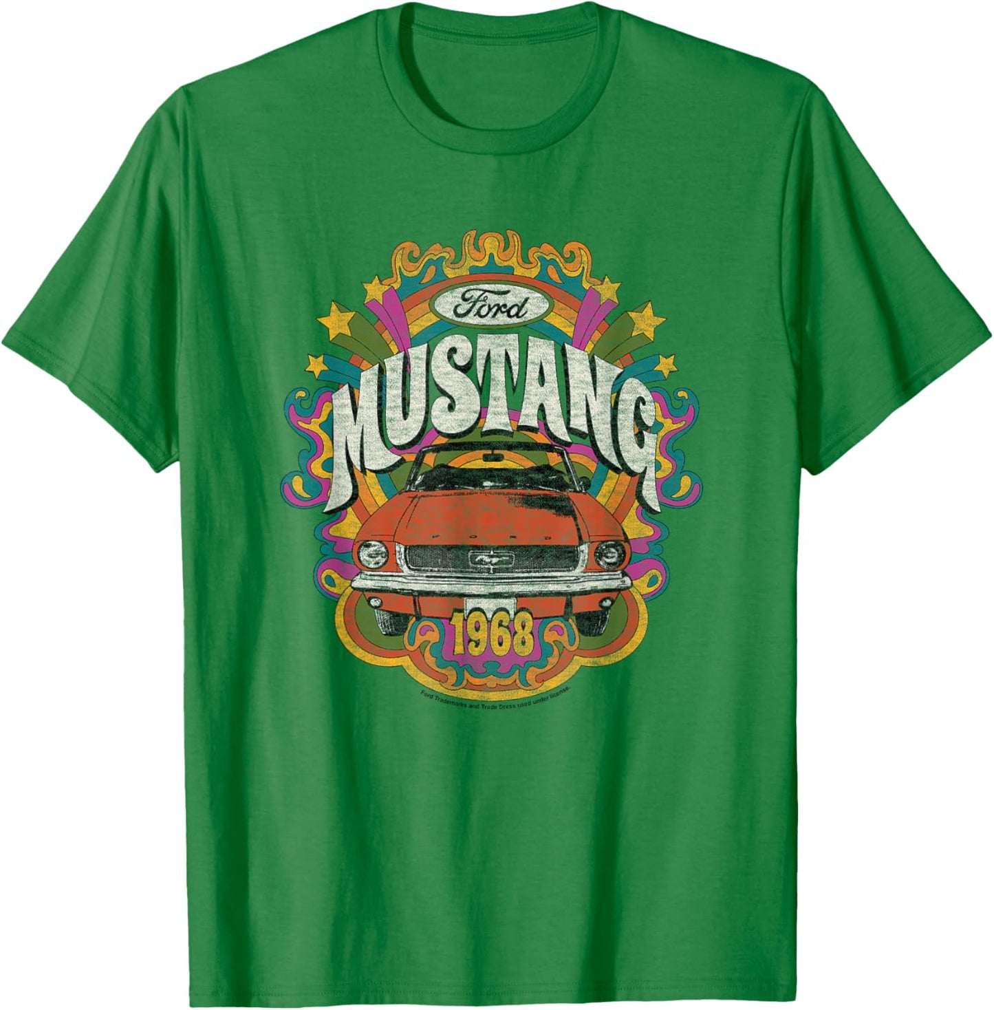 Ford - Vintage Red Mustang 1968 Rainbow Background Stars T-Shirt - T-Shirt | Irish Green
