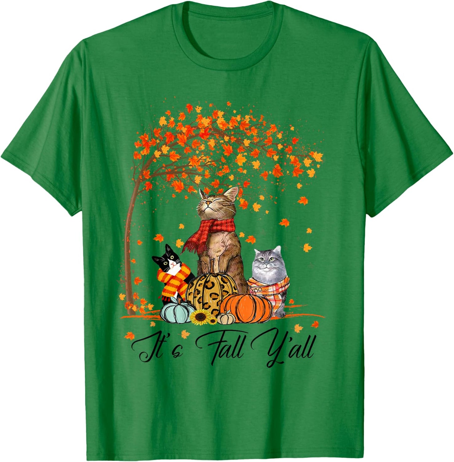 Cat It’s Fall Y’all Pumpkins Autumn Halloween Cat Fall Gifts T-Shirt - T-Shirt | Irish Green