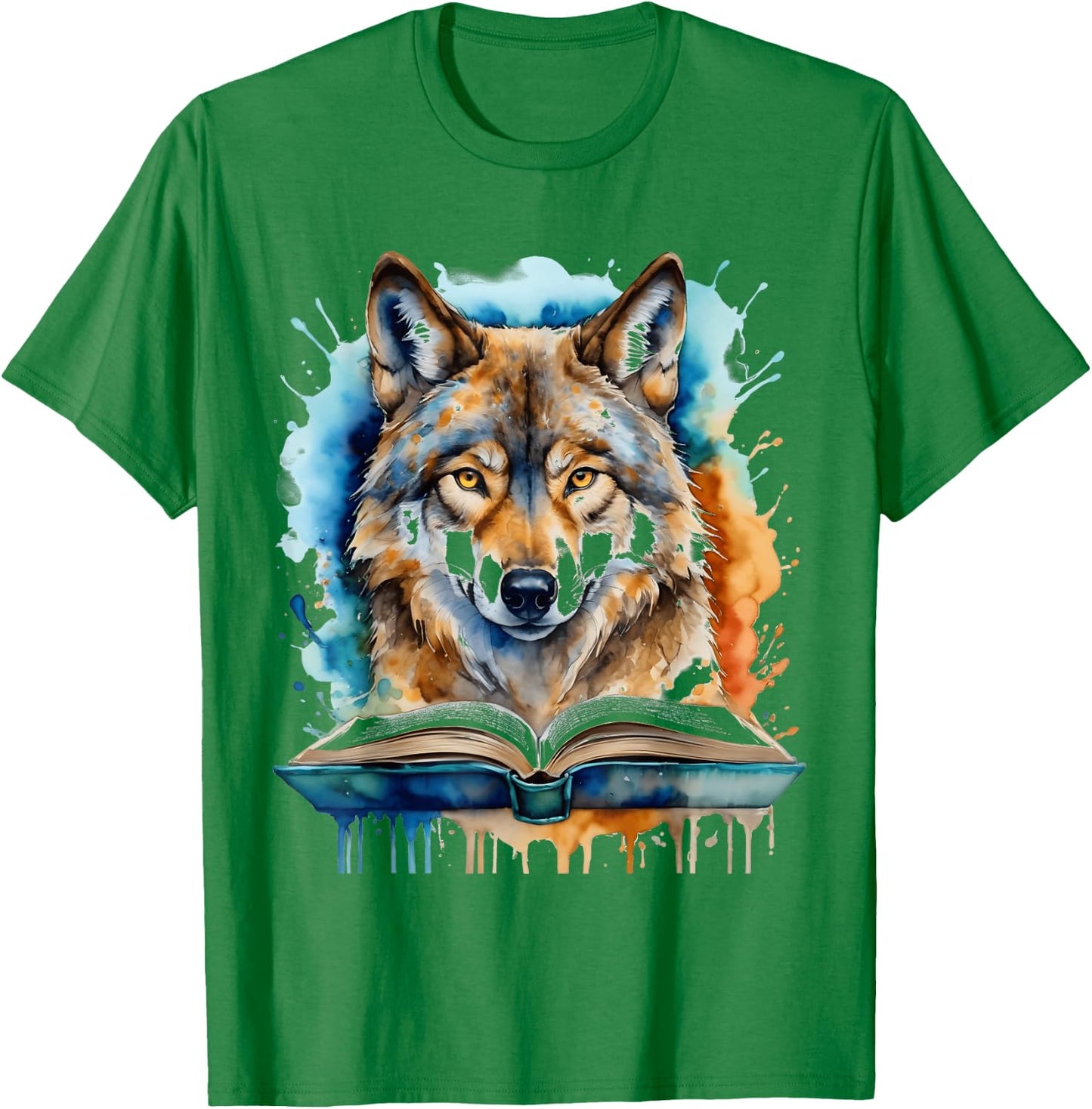 Wolf Reading Book Colorful Animal Art Print Graphic T-Shirt - T-Shirt | Irish Green