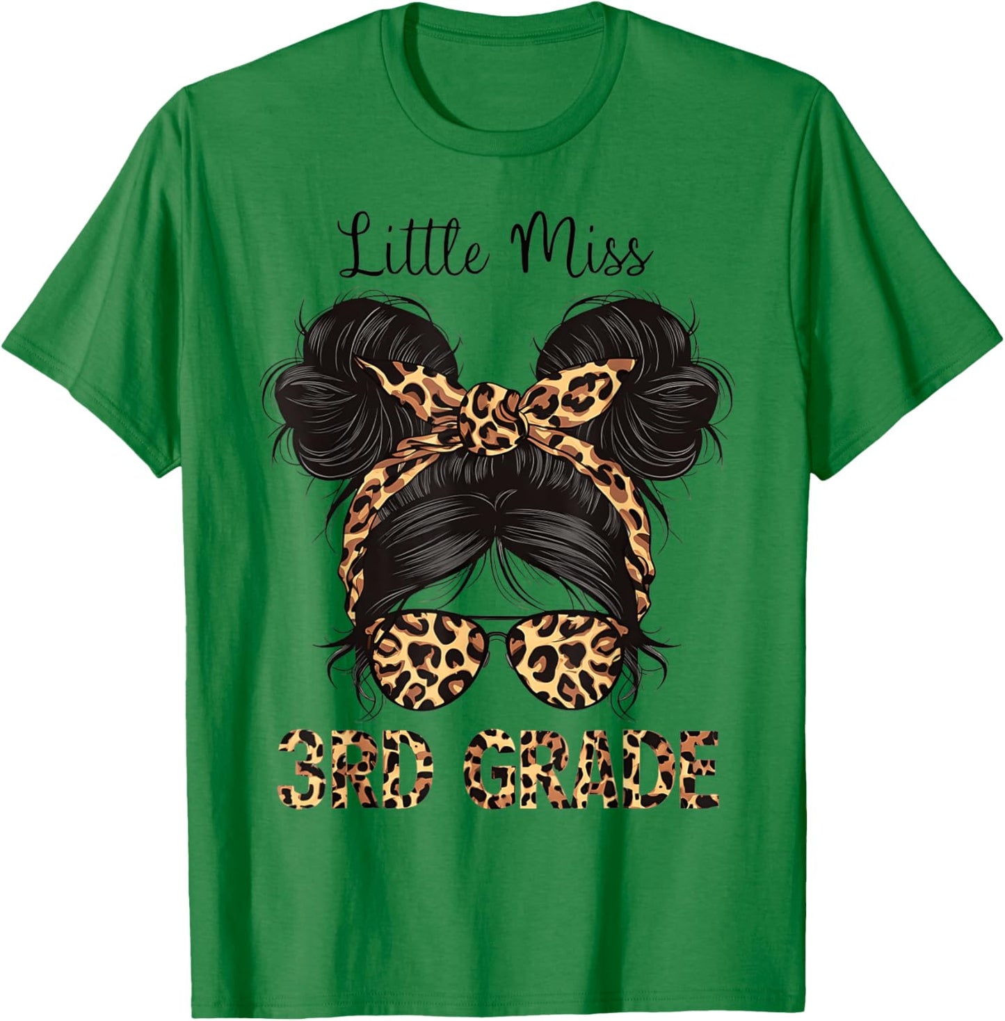 Hello 3rd Grade Messy Hair Bun Girl Leopard Back To School T-Shirt - T-Shirt | Irish Green