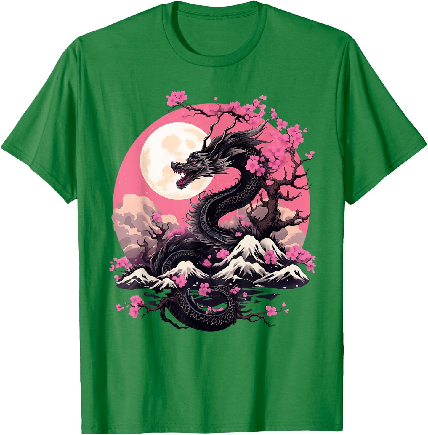 Japanese Dragon & Cherry Blossom Men & Women Full Moon Asian T-Shirt - T-Shirt | Irish Green