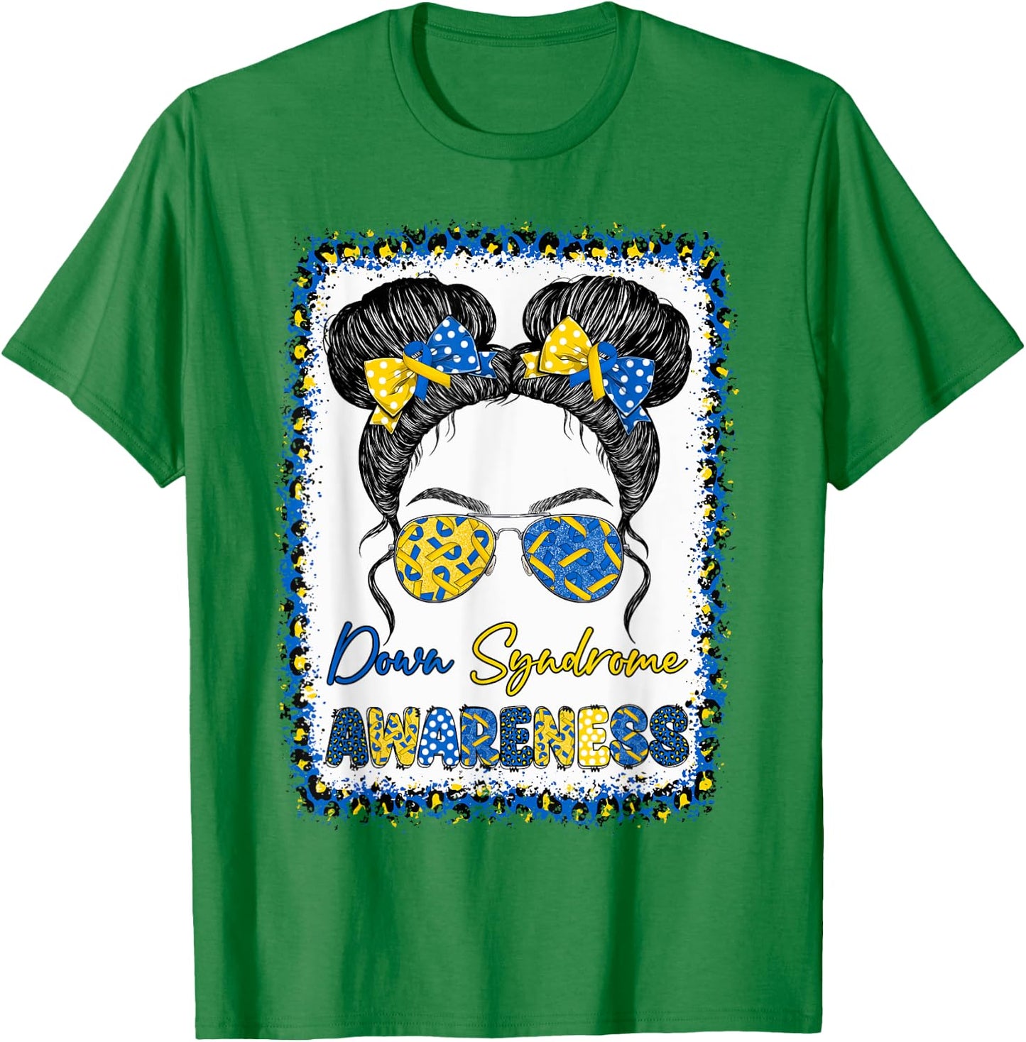 Messy Bun Girl Yellow Blue Bow Ties Sunglasses Down Syndrome T-Shirt - T-Shirt | Irish Green