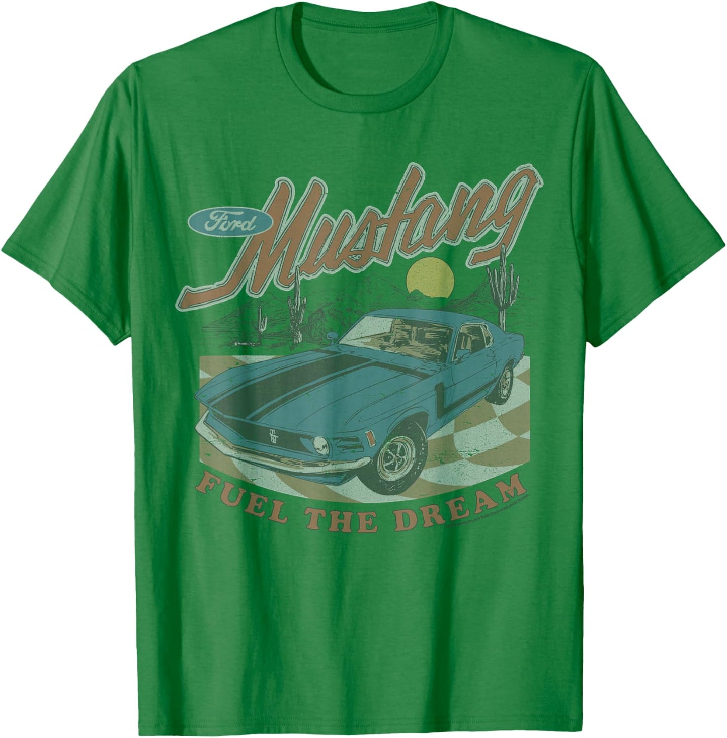 Ford - Mustang Fuel The Dream Blue Car In Desert Landscape T-Shirt - T-Shirt | Irish Green