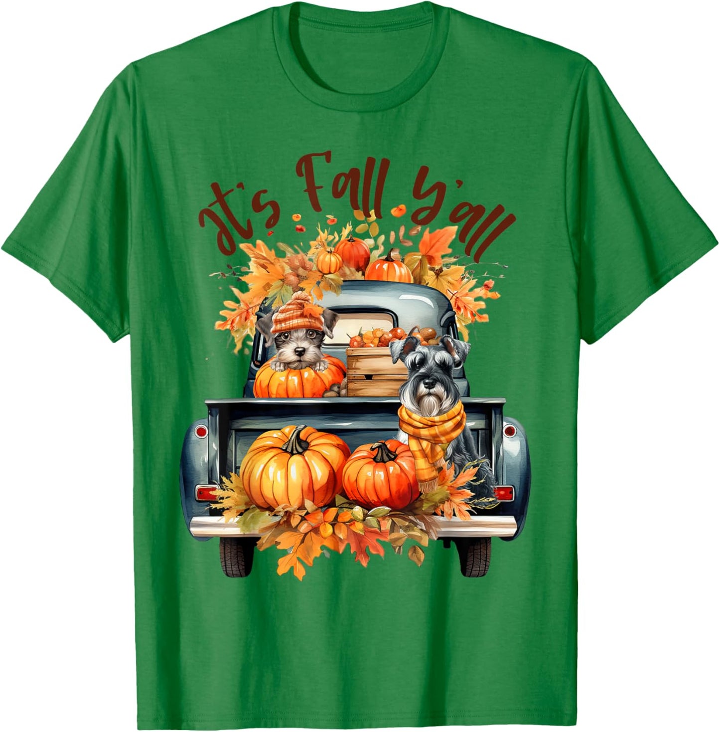 It’s Fall Y’all Miniature Schnauzer Pumpkins Truck Autumn T-Shirt - T-Shirt | Irish Green