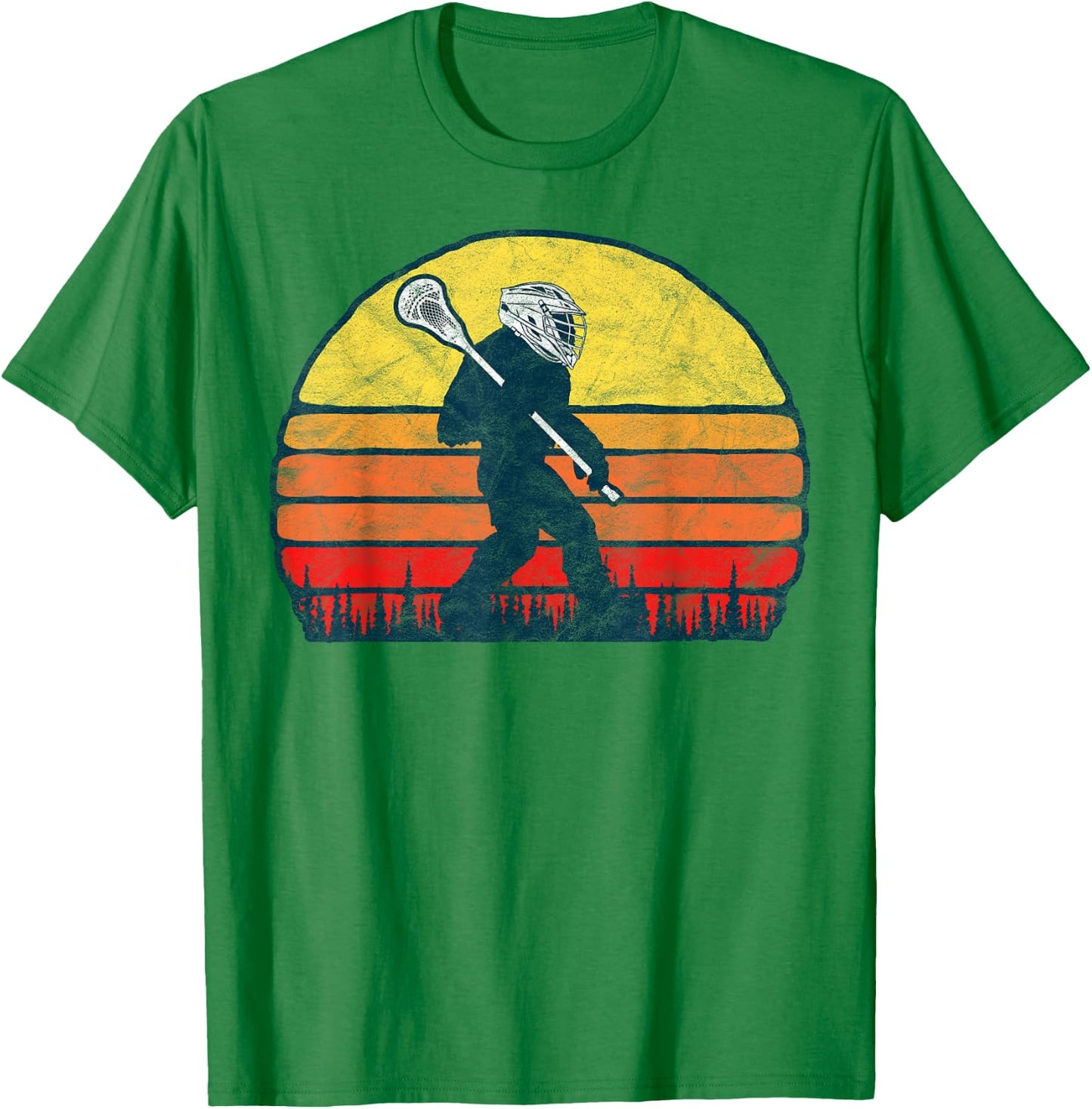 Funny Sasquatch Lax Bigfoot Lacrosse Vintage 80s Sunset T-Shirt - T-Shirt | Irish Green