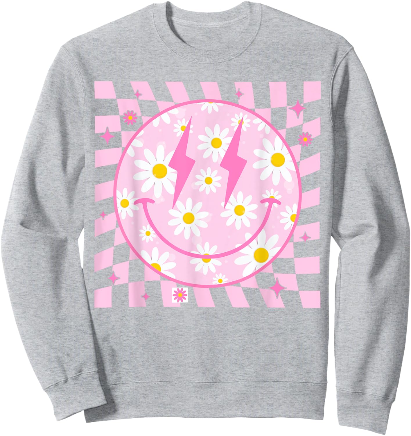 Retro Happy Smile Face Checkered Pattern Pink Daisy Flower Sweatshirt - Sweatshirt | Ash