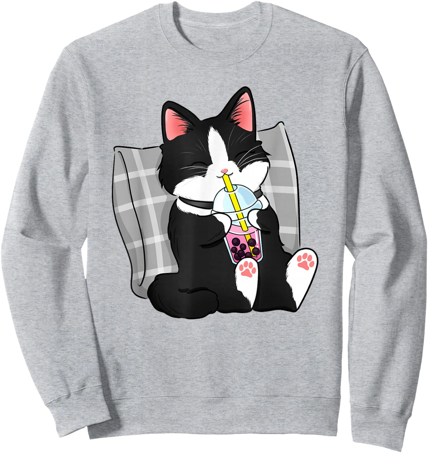 Tuxedo Cat Illustration Drinking Boba Milk Tea Design Sweatshirt - Sweatshirt | Ash