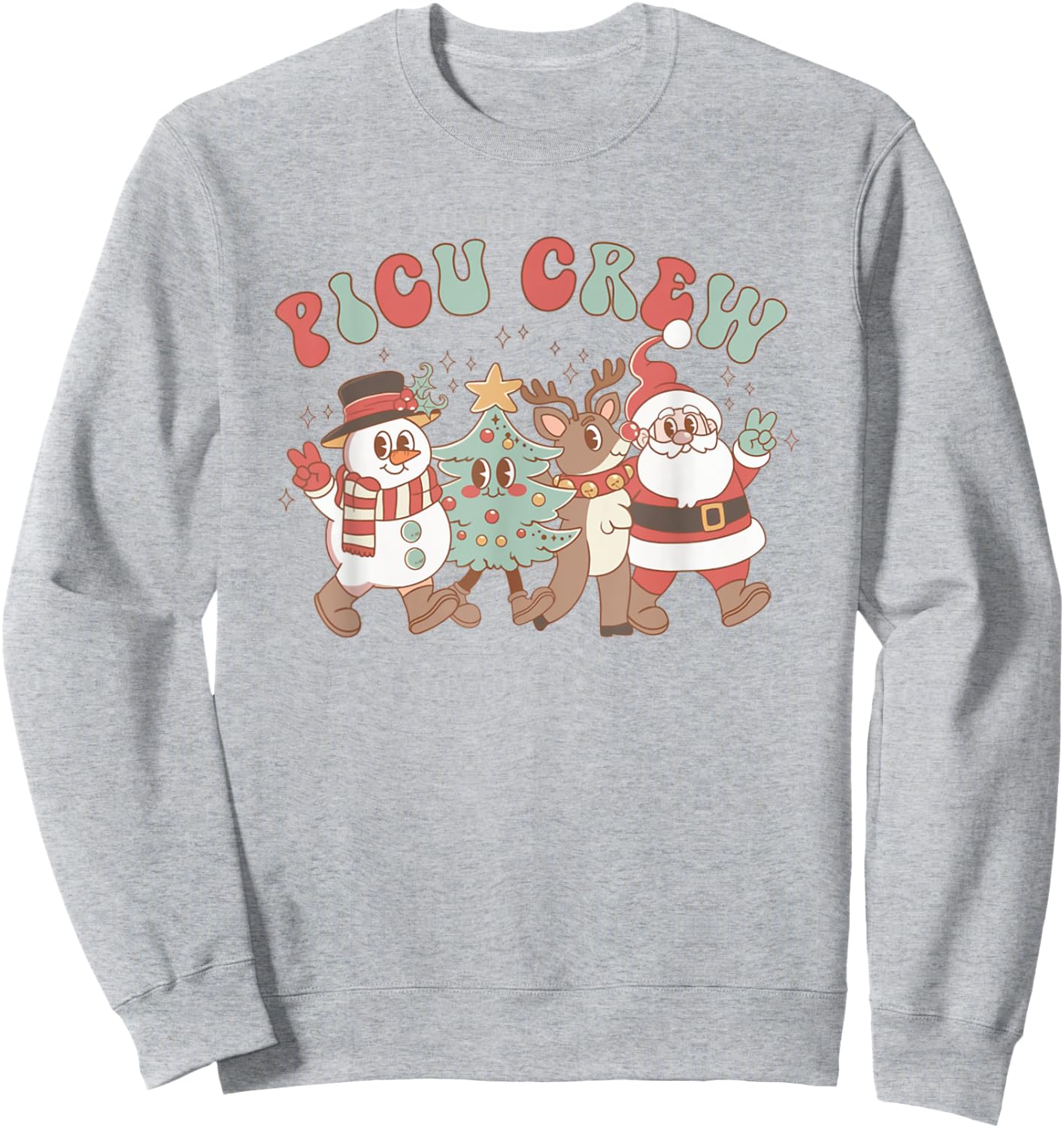 Retro Groovy PICU Nurse Christmas Tree Snowman Reindeer Sweatshirt - Sweatshirt | Ash