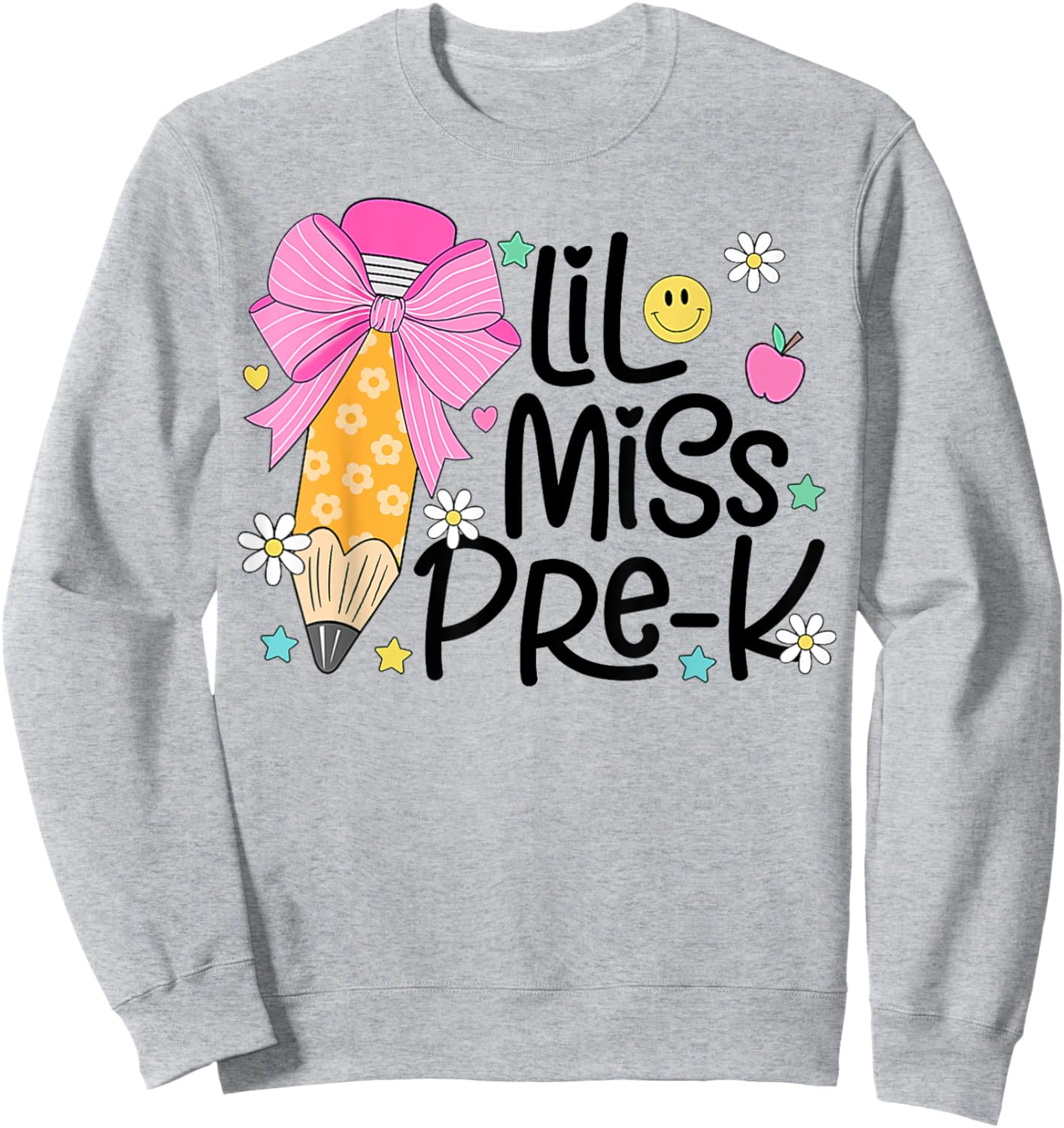 Little Miss Pre-K Kids Girls Pencil Bow First Day Of School Sweatshirt - Sweatshirt | Ash