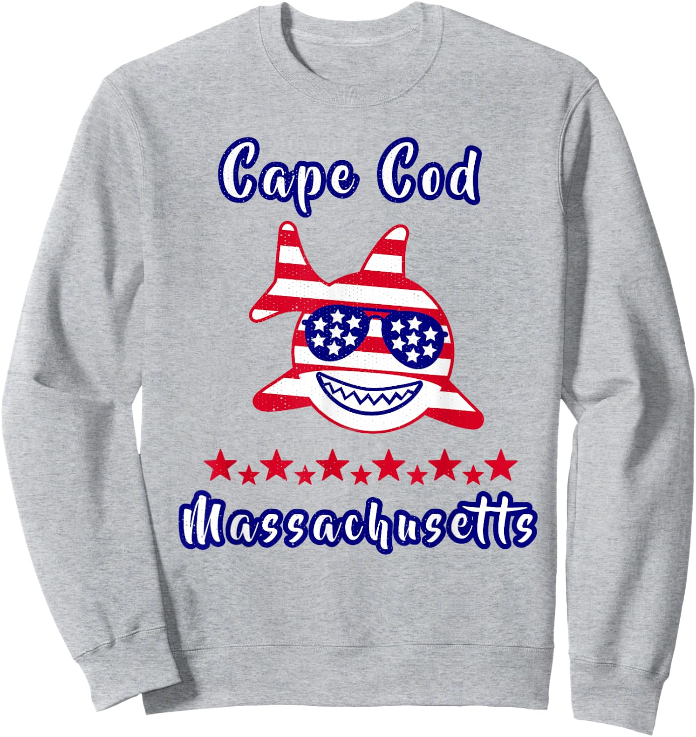 Cape Cod Massachusetts Patriotic Shark American Flag Sweatshirt - Sweatshirt | Ash