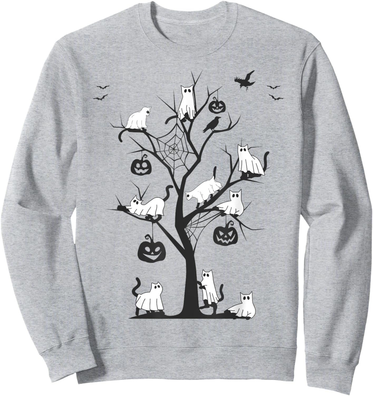 Ghost Cat Funny Halloween Ghost Cats on a Tree Black Cat Sweatshirt - Sweatshirt | Ash