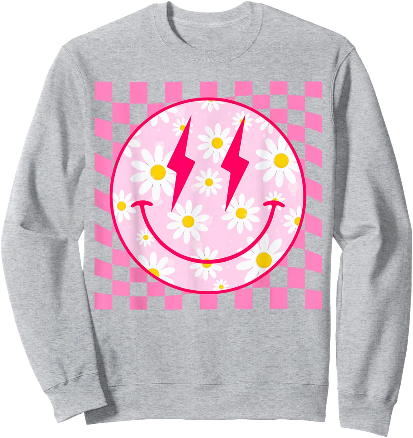 Retro Happy Smile Face Pink Daisy Flower Checkered Pattern Sweatshirt - Sweatshirt | Ash