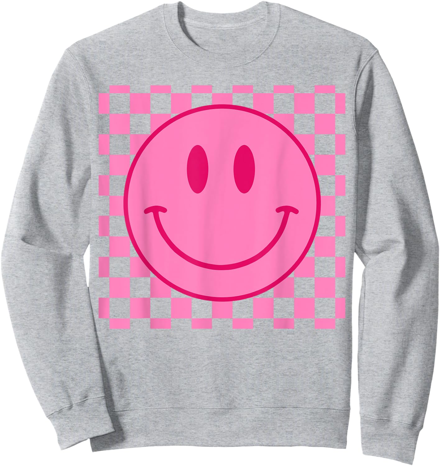 Retro Happy Face Shirt Checkered Pattern Smile Face Trendy Sweatshirt - Sweatshirt | Ash