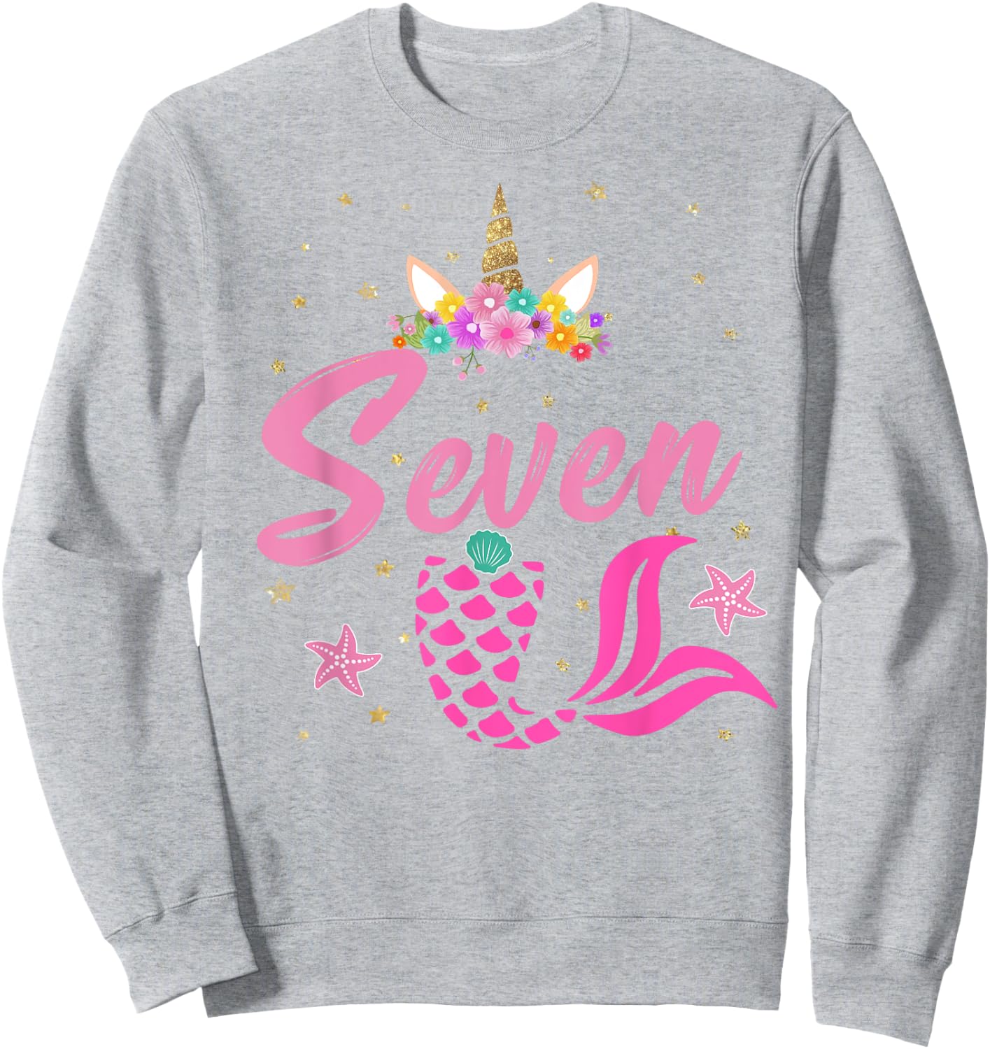 7th Birthday Girl Unicorn Shirt Mermaid Tail 7 Years Old Sweatshirt - Sweatshirt | Ash